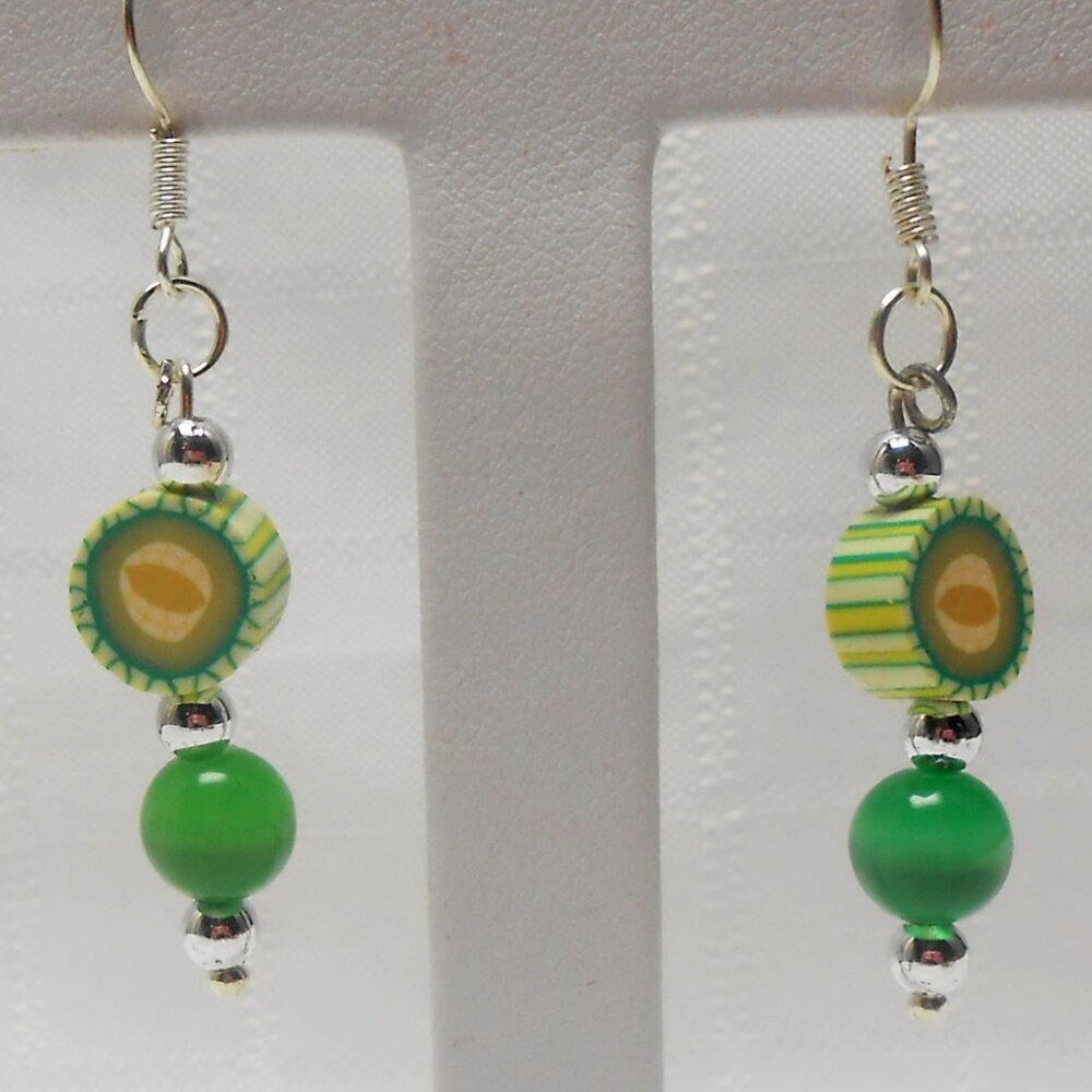 No301 Handmade earrings with polymer clay fruit-shaped beads and polished stones